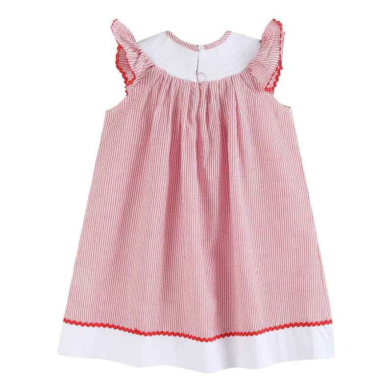 Lil Cactus Red Seersucker Strawberry Smocked Bishop Dress