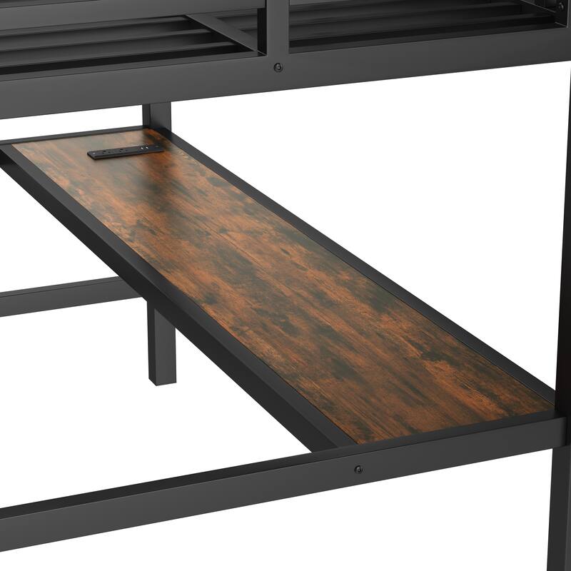 Metal Twin Size Loft Bed with Power Outlet and LED Lighted, Space-Saving, Noise Reduced, Black