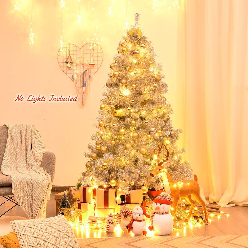 6 Ft Artificial Christmas Tree Silver Tinsel Hinged Tree for Holiday