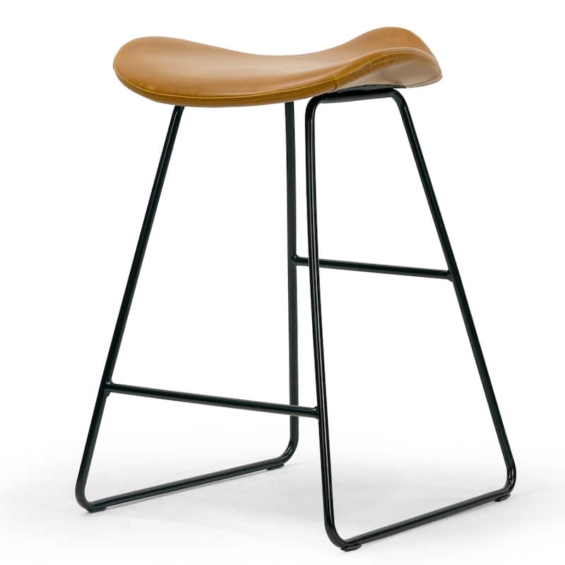 Set of 2 Aoi Brown Faux Leather Backless Counter Stool with Black Metal Legs