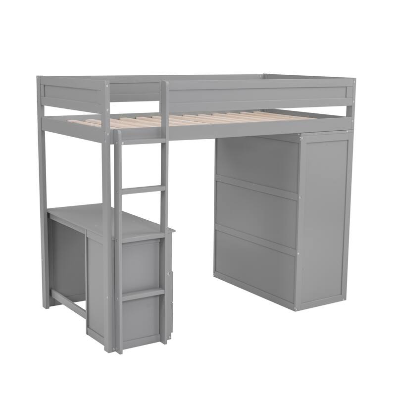 Wood Loft Bed for Full/Twin Size with Storage Wardrobe, 2-Drawer Desk, and Open Cabinet, Pine & MDF Construction