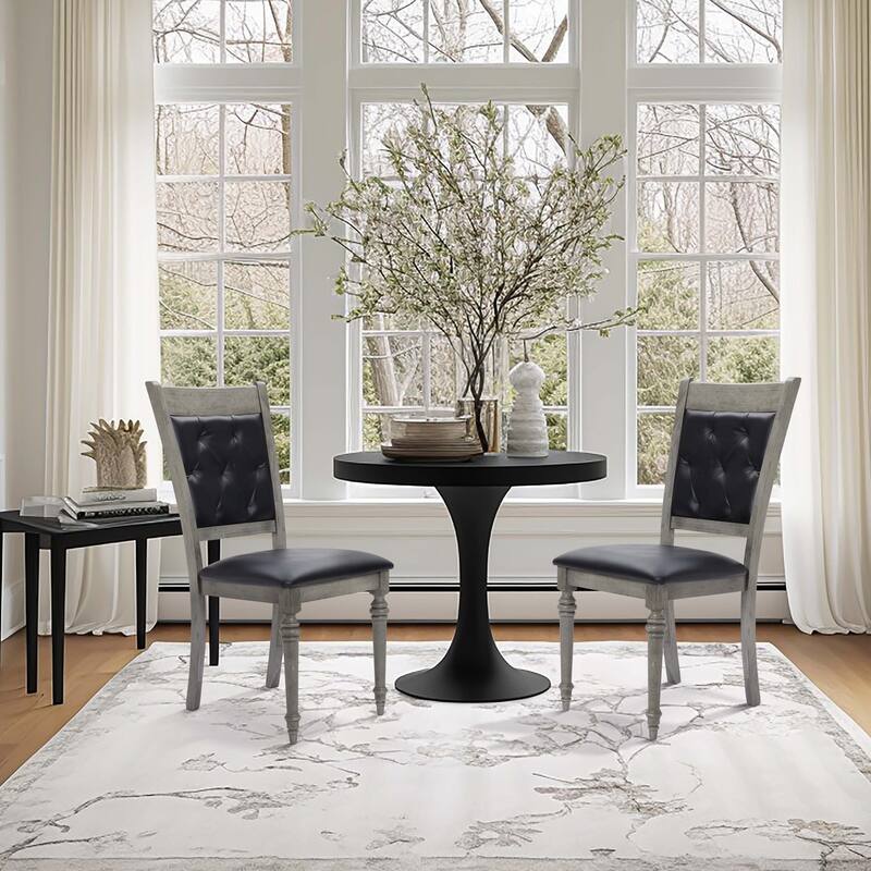 Modern Dining Chairs Set of 2, Gray Rubberwood Upholstered Black Seat, Kitchen Accent Chair
