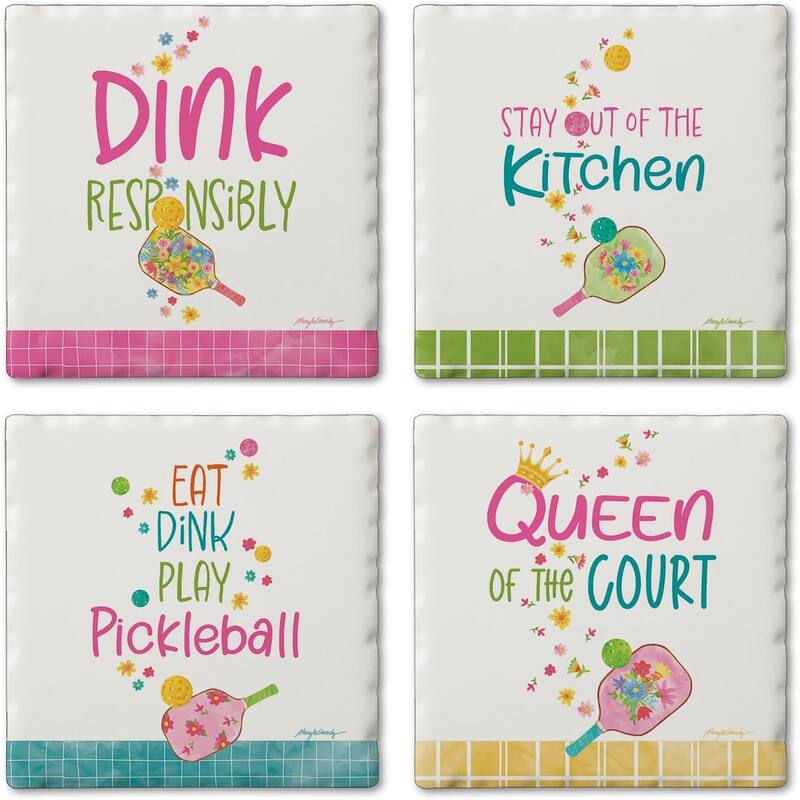 Pickleball 4-Pack Tumbled Tile Stone Coasters with Protective Cork Backing 4" Square Made in The USA Artistic Absorbent - Multi-Color