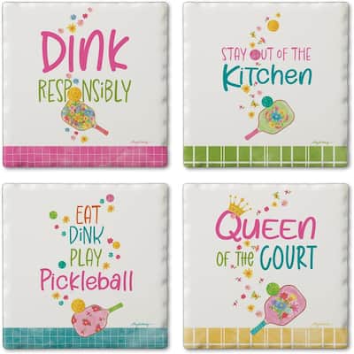 Pickleball 4-Pack Tumbled Tile Stone Coasters with Protective Cork Backing 4" Square Made in The USA Artistic Absorbent
