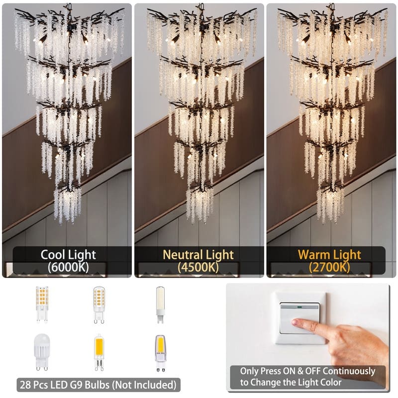 KAYLA 28-Lights Crystal Staircase Chandelier, Indoor Pendant Light, 118'' Modern High Ceiling Light, Height Adjustable - N/A