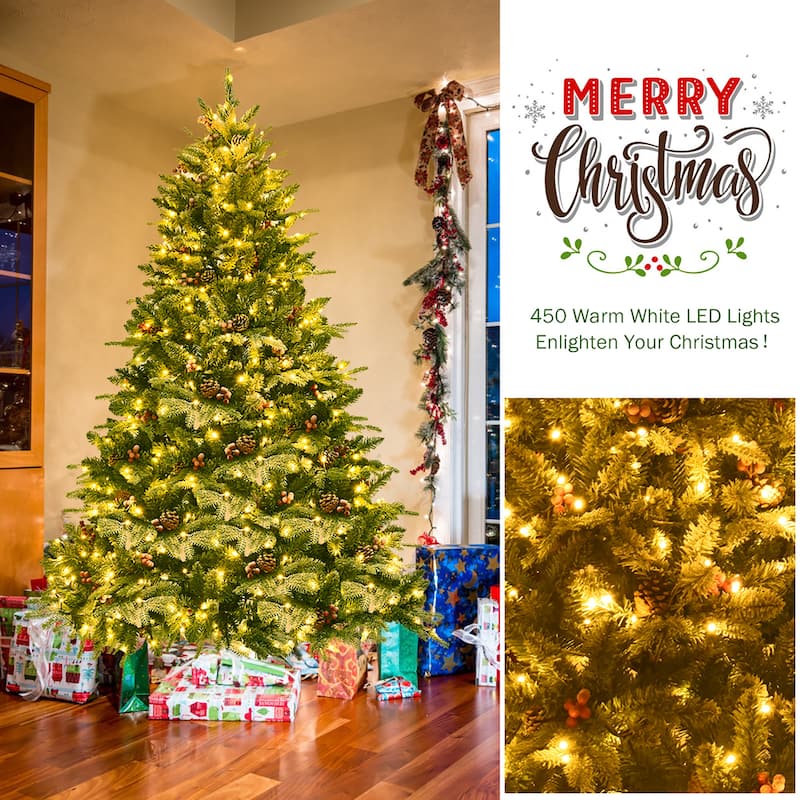 Costway 6.5Ft Pre-lit Snow Flocked Hinged Artificial Christmas Spruce - 6.5 FT
