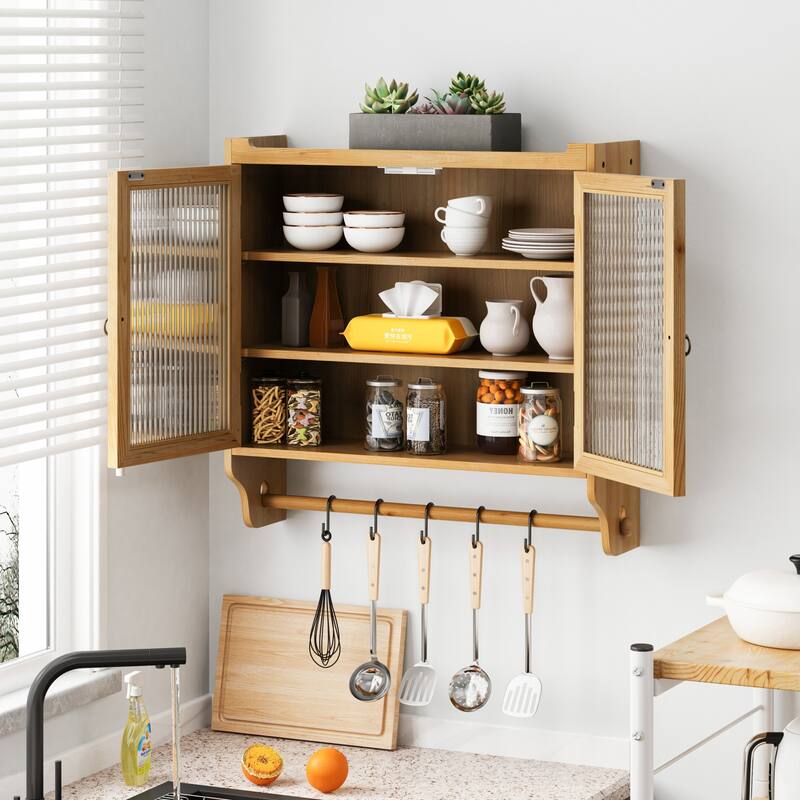 Vintage Style Glass Door Wall Cabinet with Three Tiers of Storage and Towel Racks