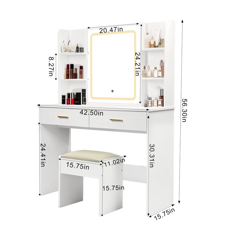 Dresser with mirror and light Power outlet and stool