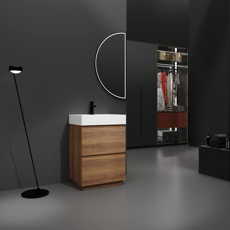 Traditional Style Bathroom Vanity with Pre-Drilled Resin Sink, Multi-Purpose Storage Cabinet, and Easy Assembly - Brown
