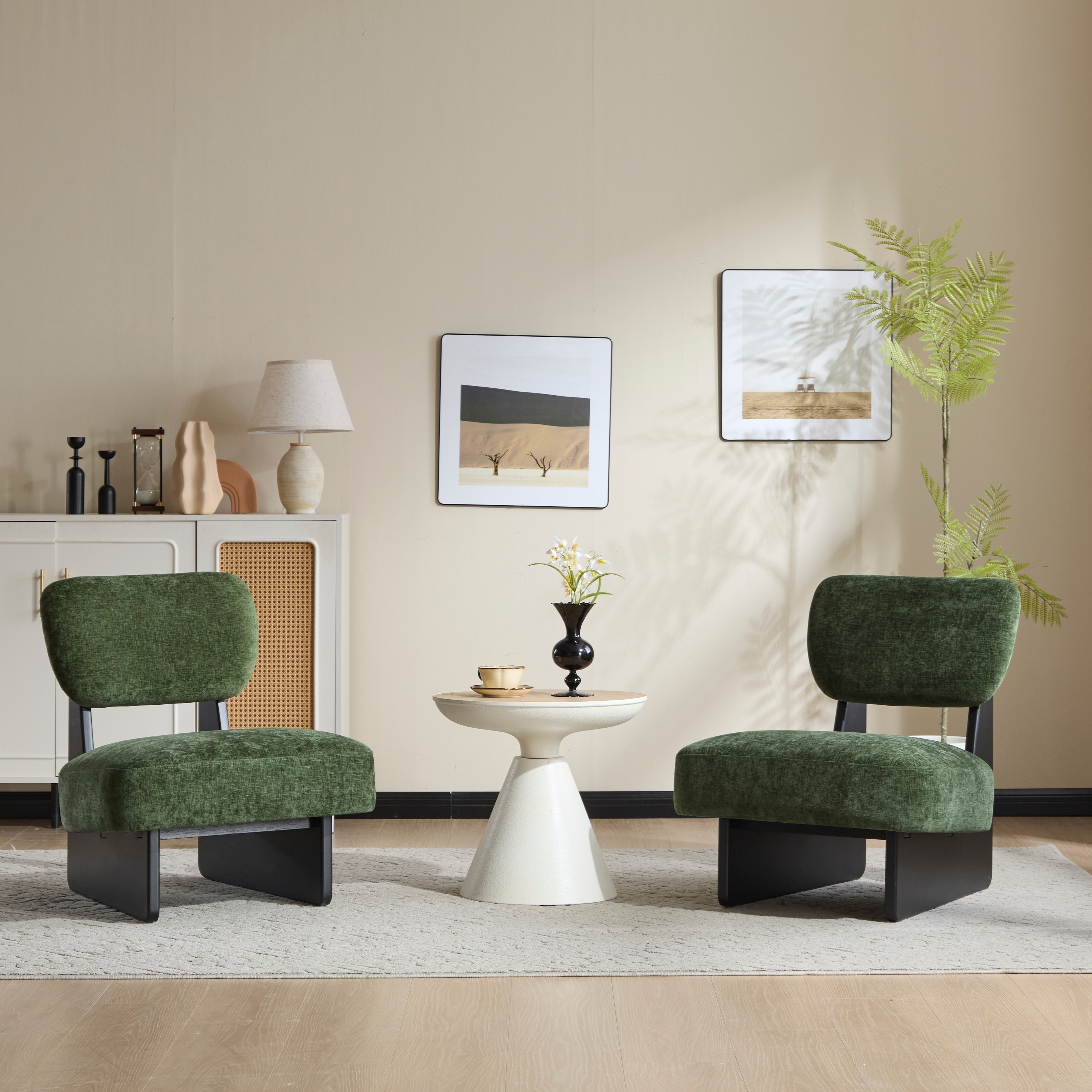 Lounge Chair Accent Chair Padded Chair Set of 2 with Wood Frame, Black Green Side Chair Corner Chair Dressing Chair