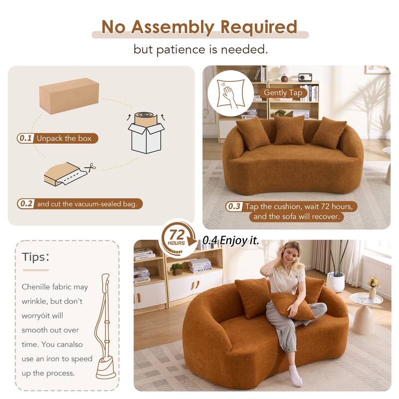 Orange Loveseat Sofa Couch Sleeper Sofa Couch with 3 Pillows, Luxurious Upholstered 2-Seater Sofa Couch