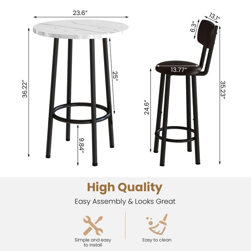 3-Piece Counter Height Bar Table Set, Faux Marble Round Bistro Dining Set with Two PU Leather Upholstered Chairs