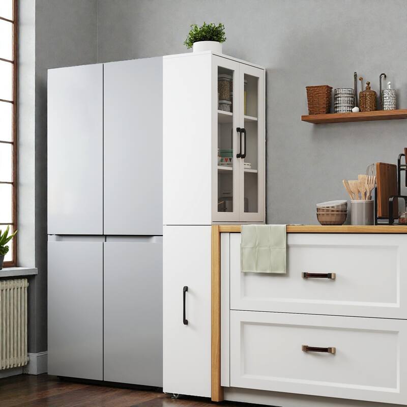 70.87" Tall Display Storage Cabinet with 4-Tier Pull-Out Shelf & Glass Doors, Modern Wooden Kitchen Pantry for Home