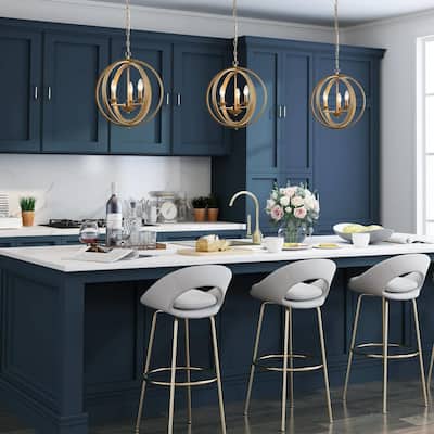 Rella Modern Gold 3-Light Globe Lantern Drum Chandelier Adjustable Foyer Dining Pendant Light