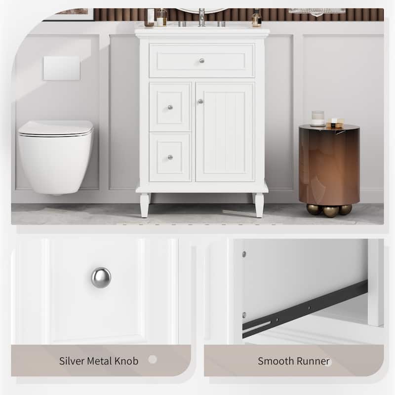 24" Bathroom Vanity with Sink, Flip Drawer, 2 Side Drawers, Solid Wood Frame, Ceramic Top, Freestanding Cabinet