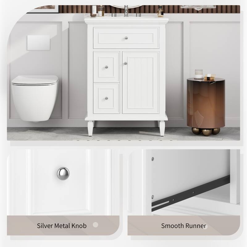 24" Bathroom Vanity with Sink - Solid Wood/MDF Cabinet, Flip Drawer + 2 Drawers, Adjustable Shelf