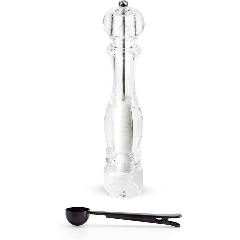 Peugeot - Nancy Acrylic Manual Salt Mill - Transparent Adjustable Grinder Gift Set- With Stainless Steel Spice Scoop/Bag Clip