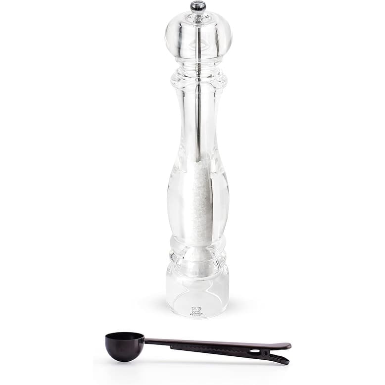 Peugeot - Nancy Acrylic Manual Salt Mill - Transparent Adjustable Grinder Gift Set- With Stainless Steel Spice Scoop/Bag Clip
