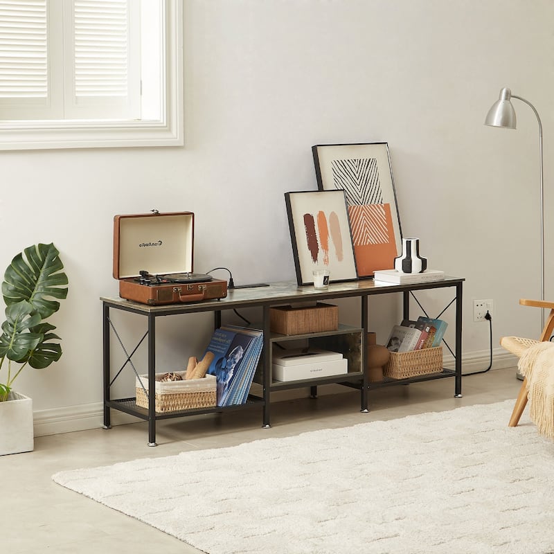 VECELO Wood TV Stand with Charging Station,Storage Shelves Entertainment Center TV Cabinet