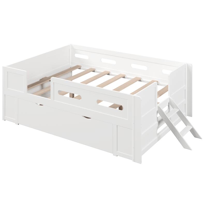 Roomfitters Full/Twin Size Wood Platform Bed with Underbed Storage Drawer and Safety Guardrails, Modern Low Loft Frame