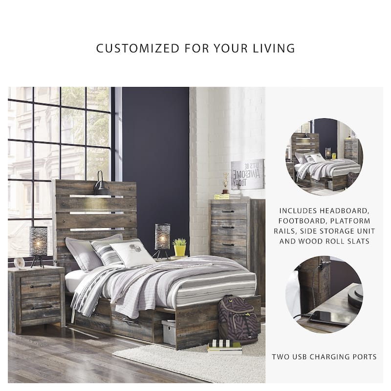 Drystan Rustic Brown Panel Bed with 2 Under Bed Storage Drawers