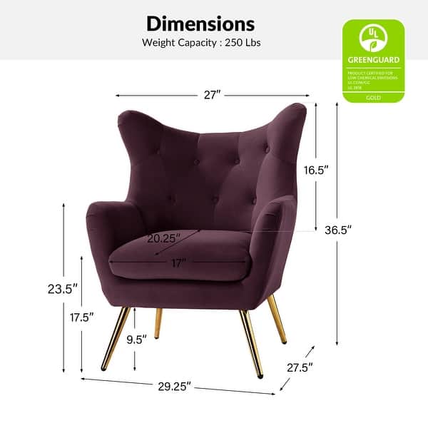 dimension image slide 9 of 15, Eusebio Tufted Velvet Accent Chair with Wingback, Arms, and Metal Gold Legs for Living Room or Bedroom by HULALA HOME