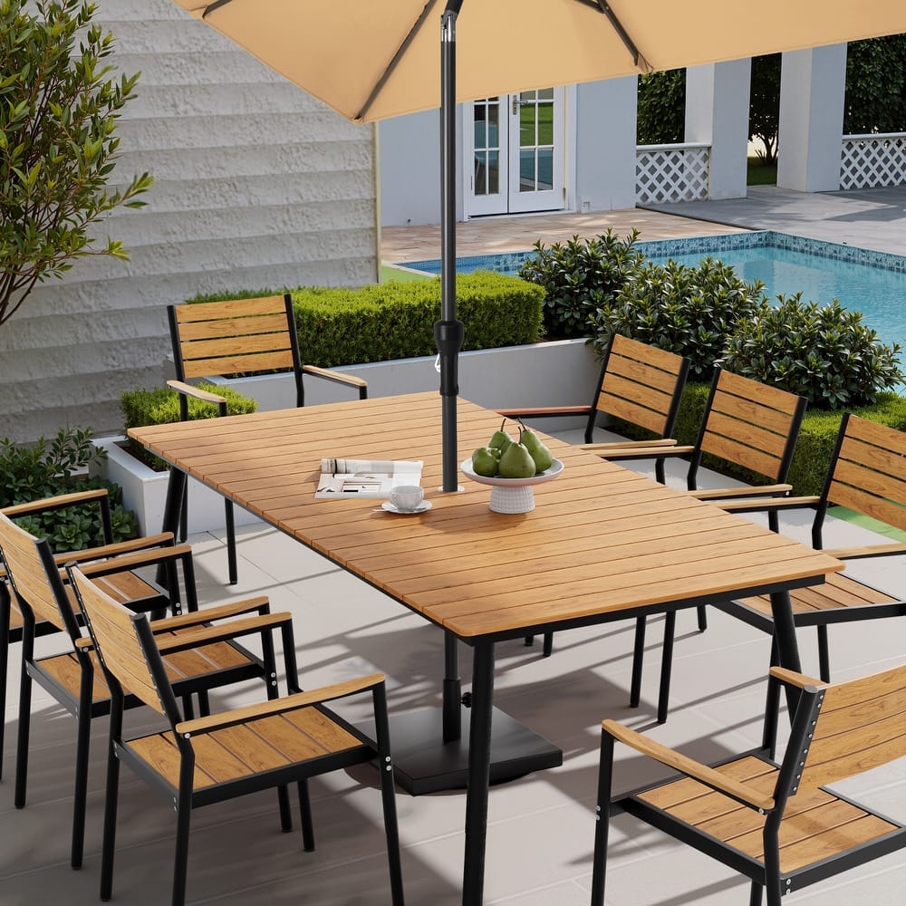 82.7in Outdoor Patio Rectangle Aluminum Wood-Like Dining Table with Umbrella Hole