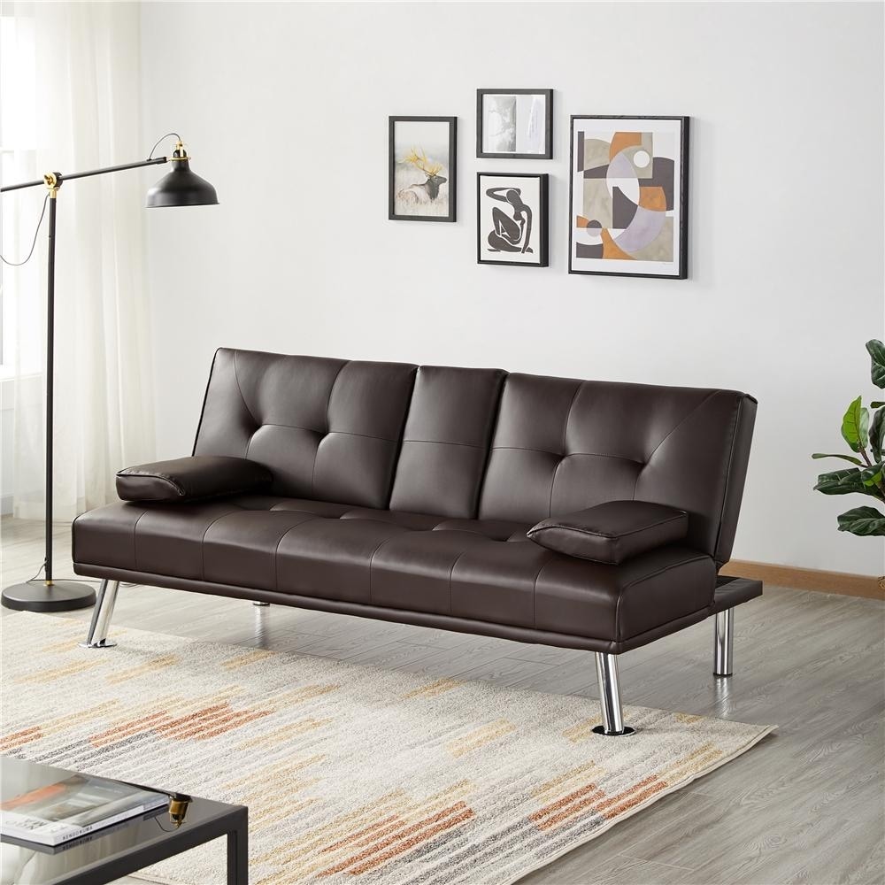 66-inch Faux Leather Convertible Sofa Bed with Cup Holders - Espresso Brown