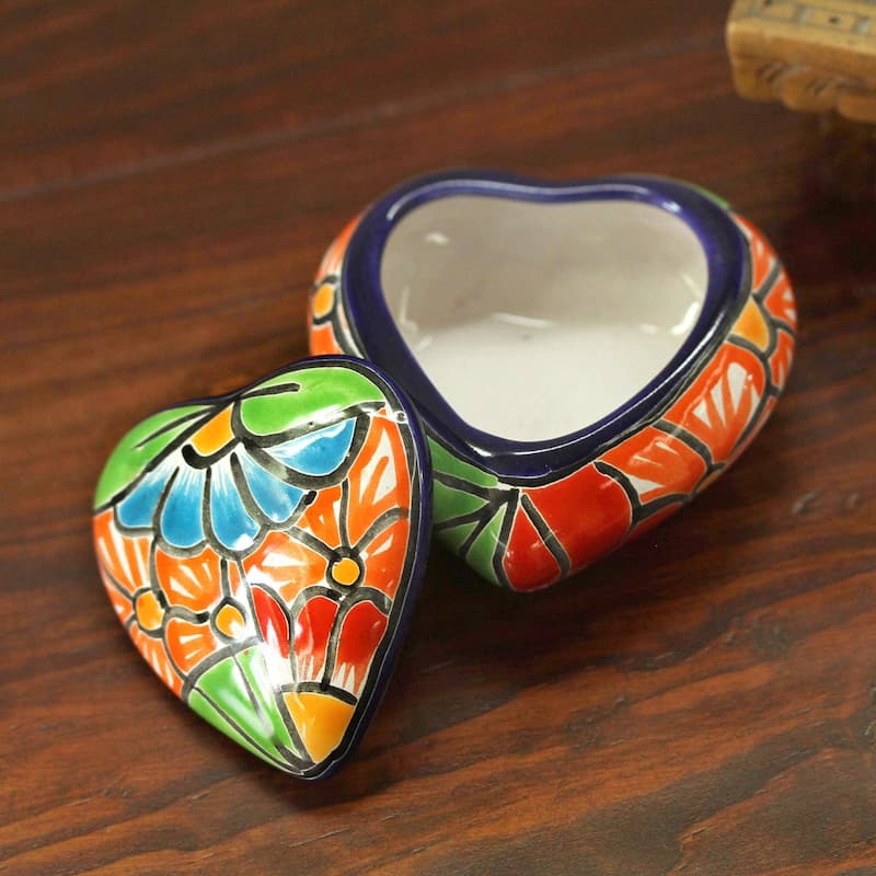Handmade Floral Heart Ceramic Decorative Box (Mexico) - 2.2" H x 3.3" W x 3.6" D