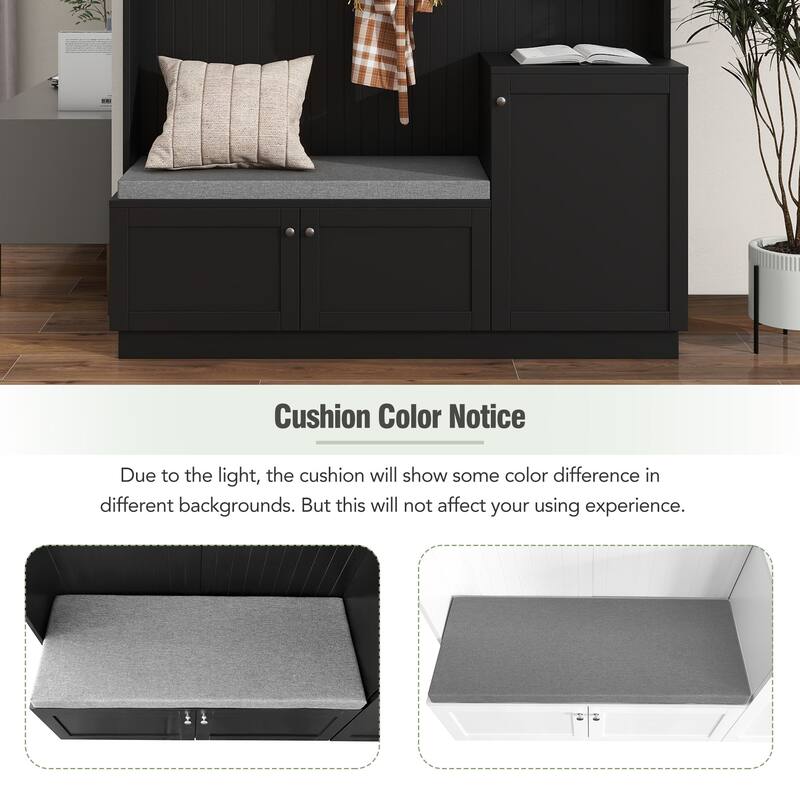 Elegant Design Hall Tree, Functional Hallway Shoe Cabinet with Bench&Cushion, Modern Coat Rack with Hooks