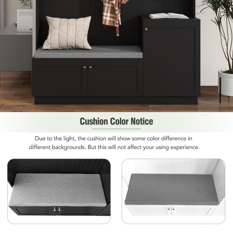 Modern Entryway Hall Tree with Cushioned Storage Bench & Shoe Bench, Tall Coat Rack with Cabinets and Shelves