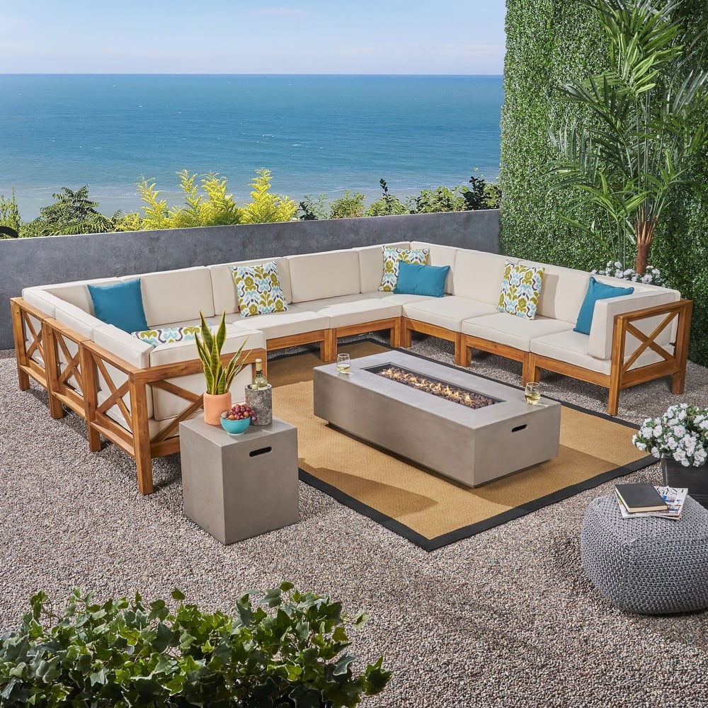 Brava Outdoor Acacia Sectional Fire Pit Set by Christopher Knight Home