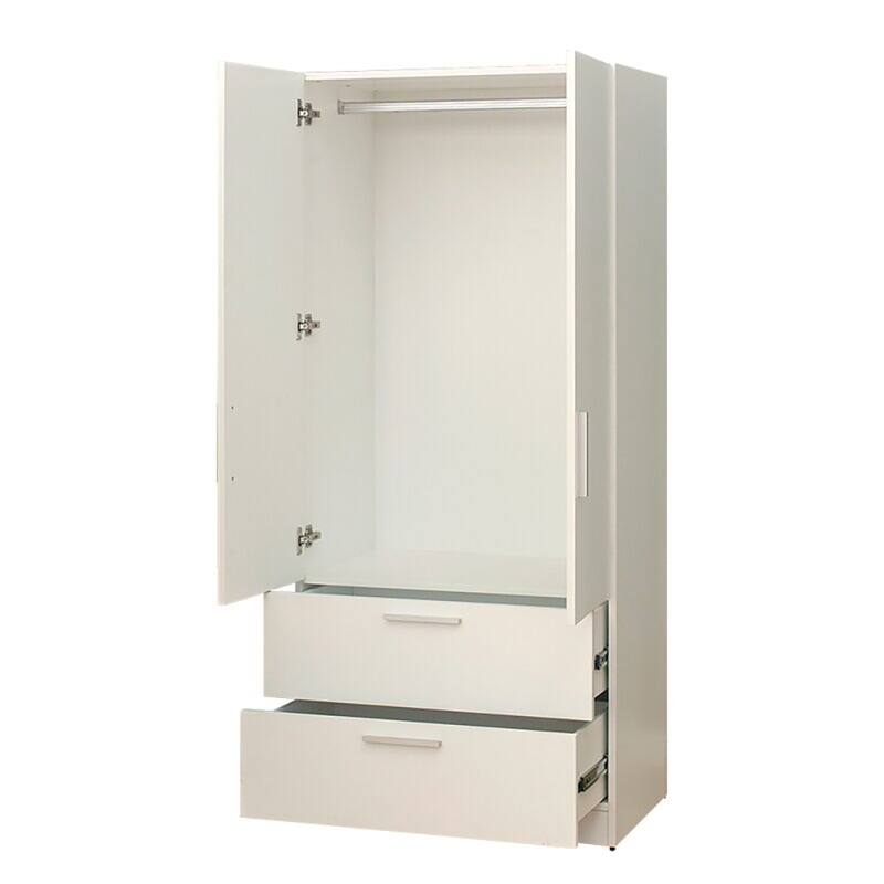 Emma Two-Door Wood Closet with Two Drawers and Hanging Bars in White - 78.7"H x 31.5"W x 21.7"D