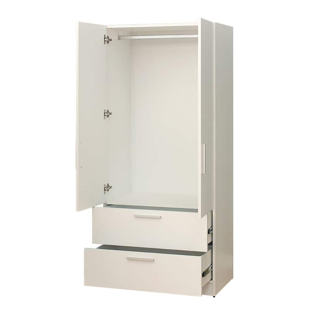 Emma Two-Door Wood Closet with Two Drawers and Hanging Bars in White - 78.7"H x 31.5"W x 21.7"D