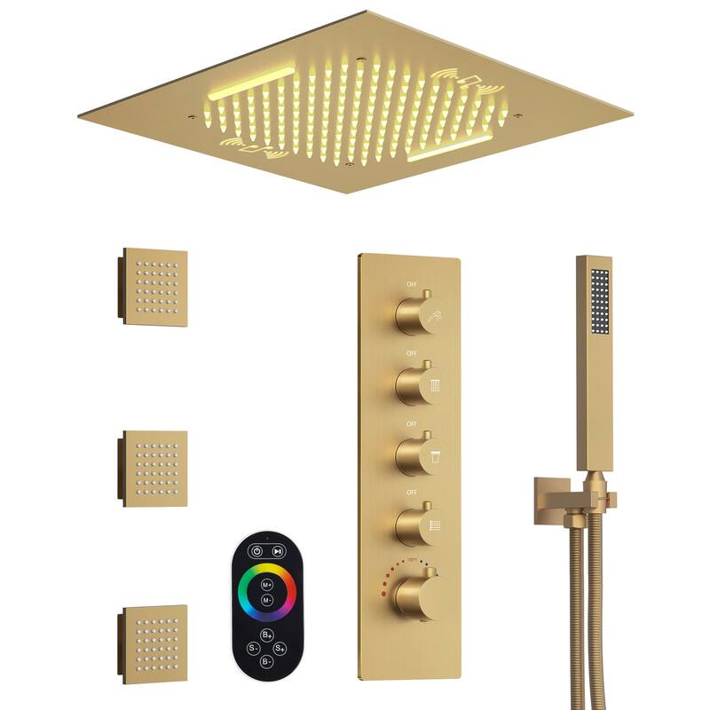 GRANDJOY Thermostatic Shower System 20" Ceiling Mount Shower Head Handheld Spray and Body Jets Combo LED Music