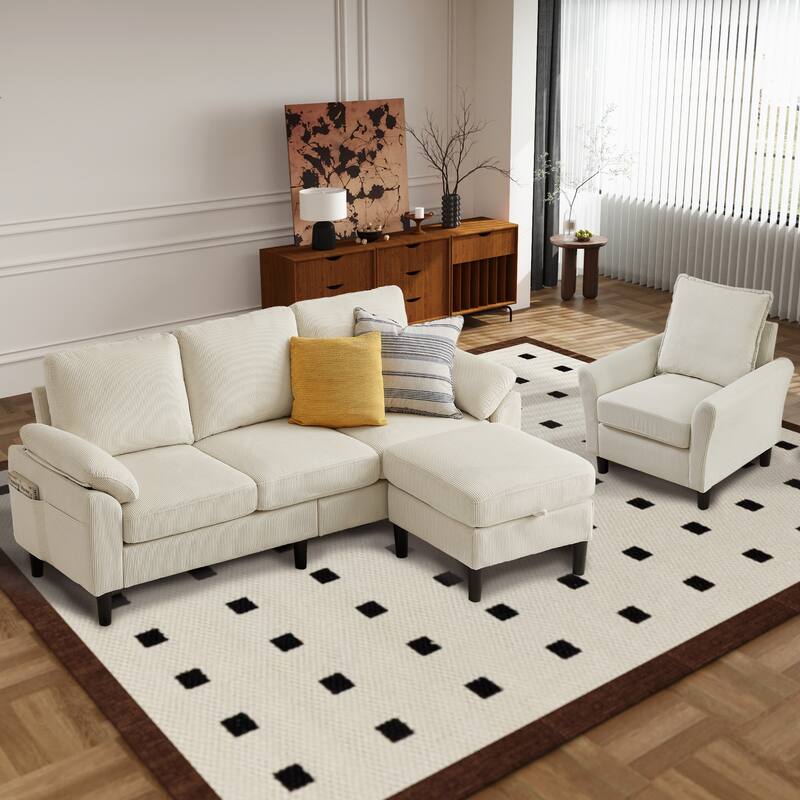 3 Pieces Corduroy Living Room Set with Sectional Sofa, Ottoman and Chair
