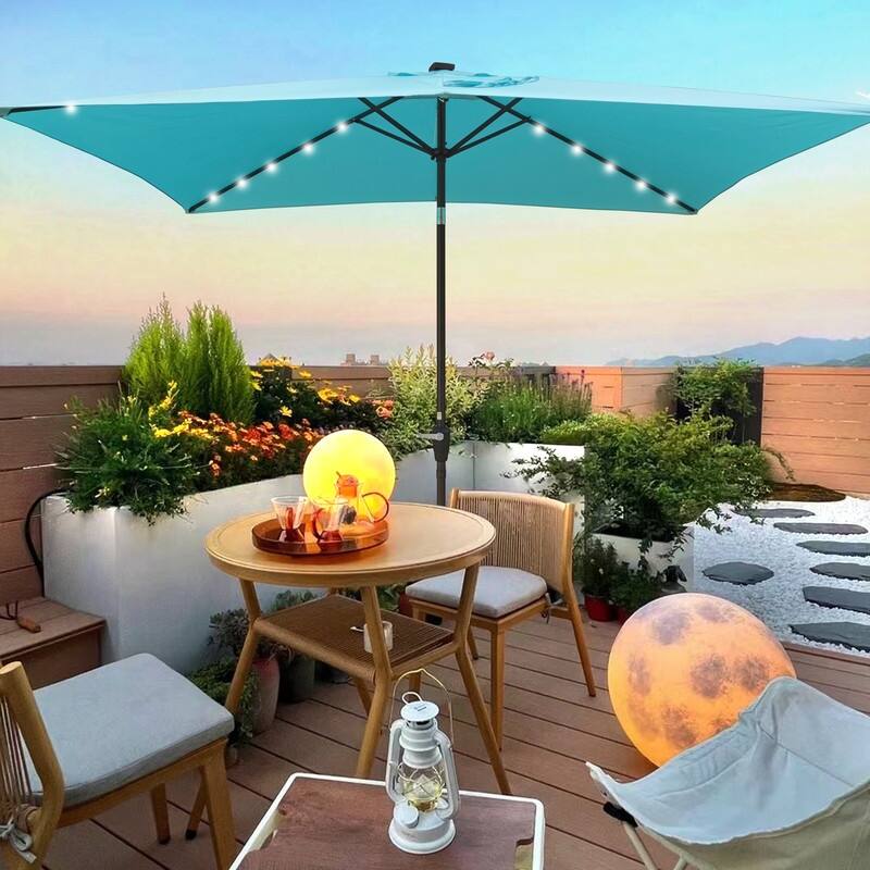 GEITIN 6.5ft Rectangular Patio Solar LED Lighted Outdoor Umbrellas with Crank - TURQUOISE