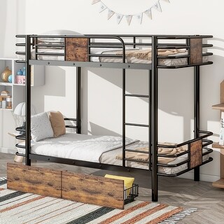 Twin XL over Twin XL Metal Bunk Bed with MDF Guardrails, 2 Storage Drawers, Industrial Style, Black