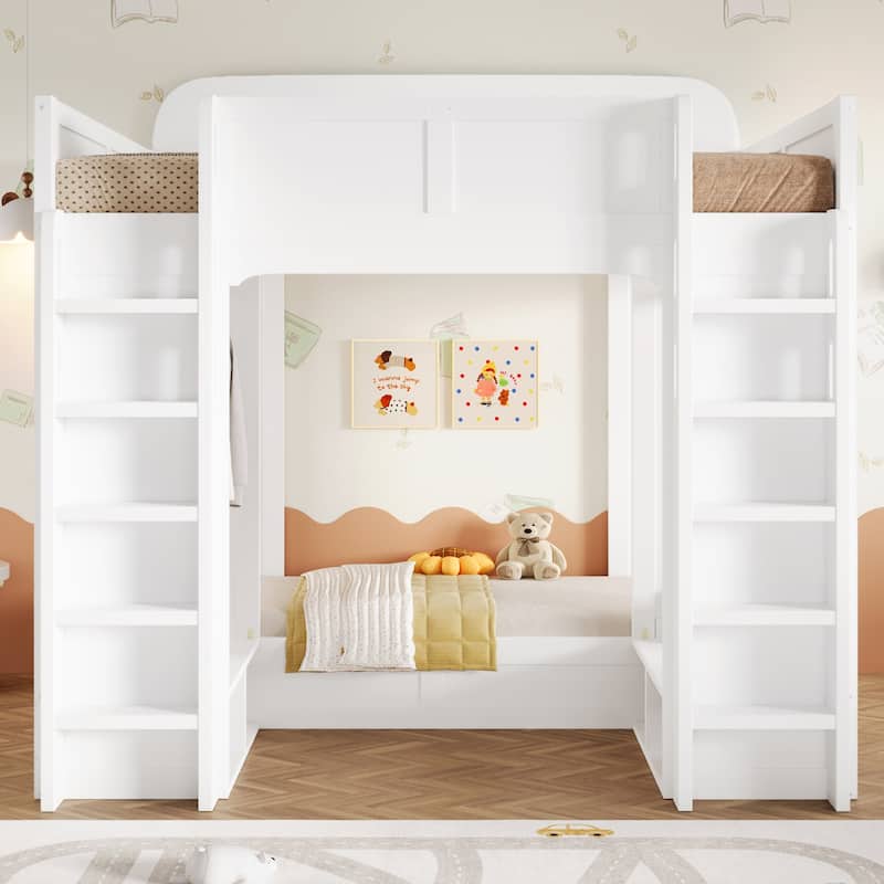 Triple Bunk Bed with Storage Shelves & Hooks, Twin + Twin over Twin XL, Space-Saving Design