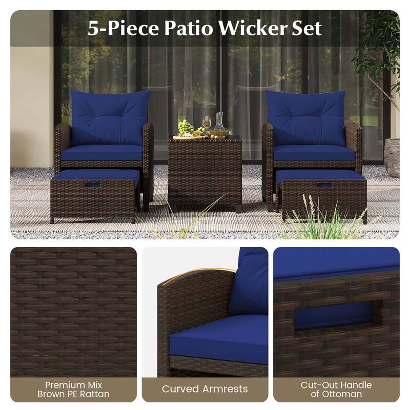 Costway 5 Piece Patio Rattan Furniture with 2 Ottomans & Tempered - See Details