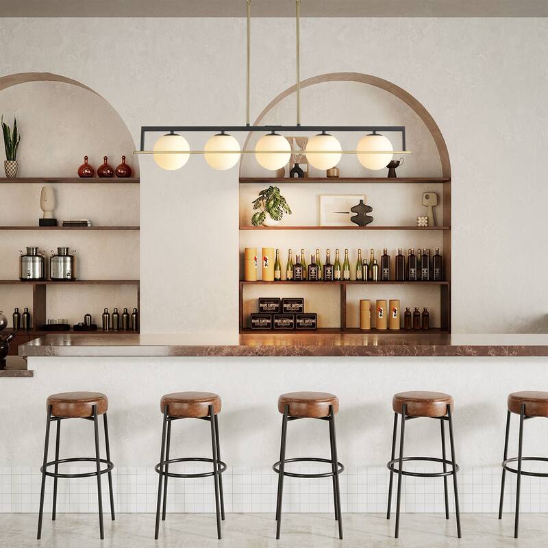 5-Light Modern Industrial Black and Gold Rectangular Pendant Light with Frosted Glass Shade