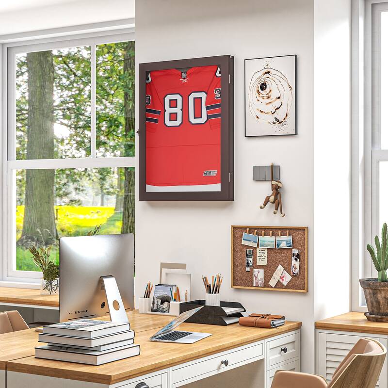 HOMCOM 28" x 35" Jersey Display Case, Wall-Mounted Memorabilia Acrylic Shadow Box with Hanger, Black - Dark Red