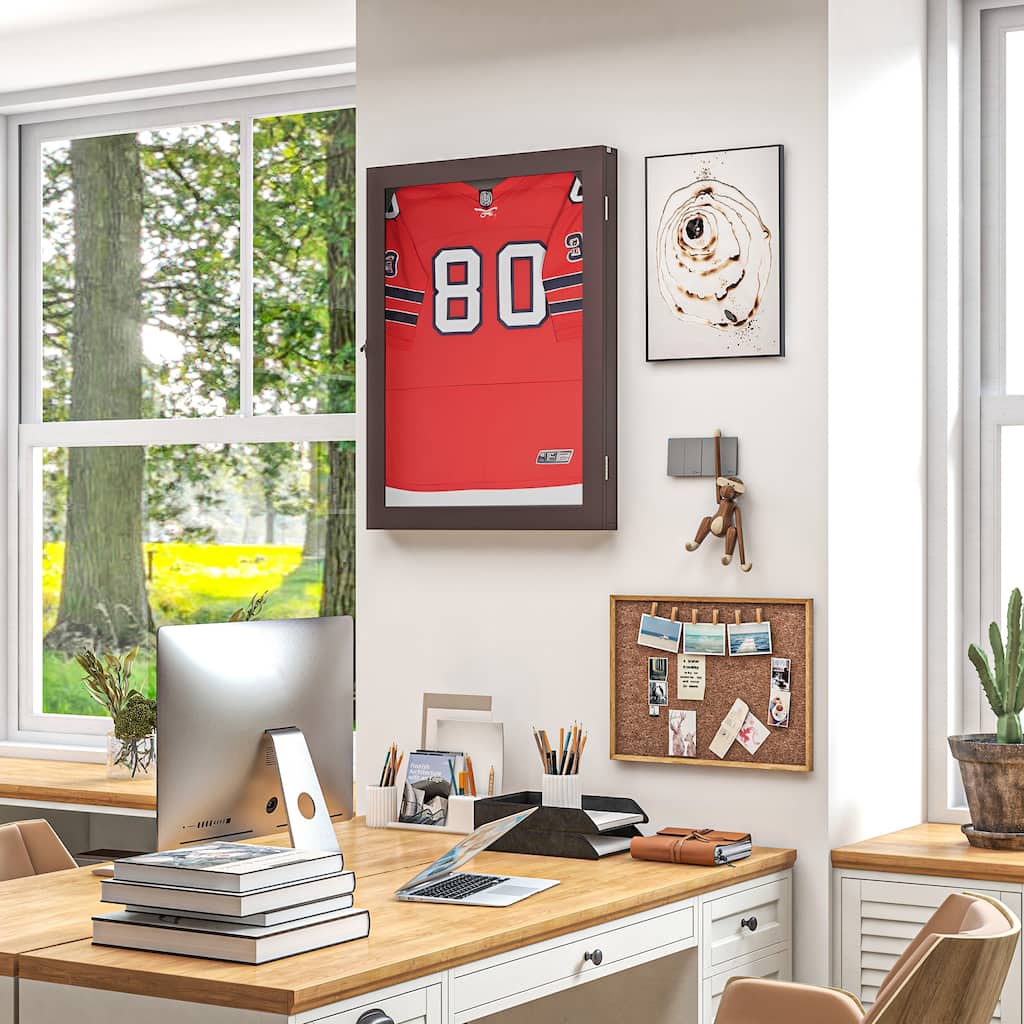 HOMCOM 28" x 35" Jersey Display Case, Wall-Mounted Memorabilia Acrylic Shadow Box with Hanger, Black