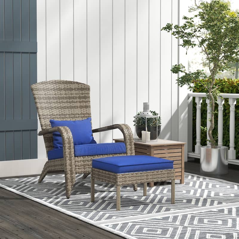 Outsunny Patio Wicker Adirondack Chair with Ottoman, Outdoor Fire Pit Chair - Blue