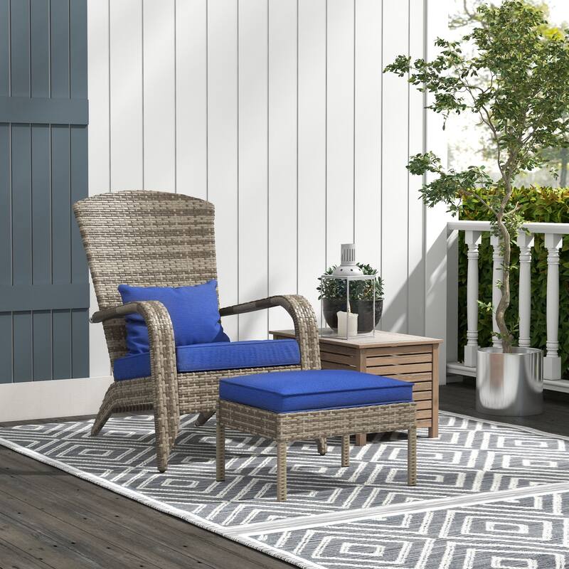 Patio Wicker Adirondack Chair Set with Ottoman, Outdoor Fire Pit Chair with Cushions, High-Back, Large Seat and Armrests