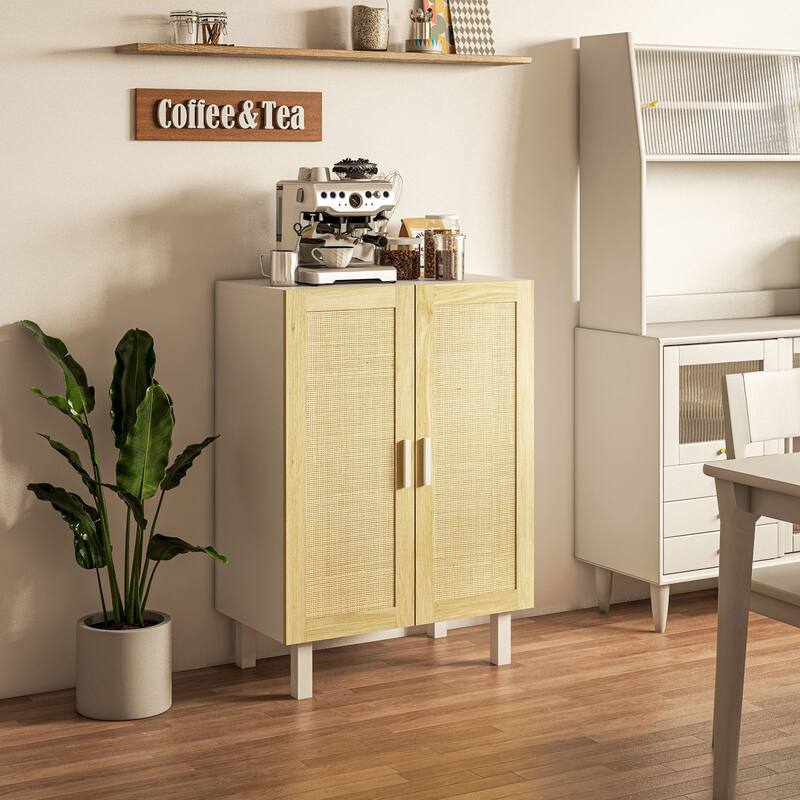 HOMCOM Sideboard Buffet Cabinet, Kitchen Cabinet, Coffee Bar Cabinet with 2 Rattan Doors and Adjustable Shelves - White