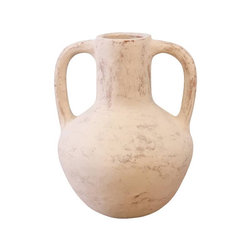 Approx. 12" High Terracotta Vase with Two Long Handles Distressed White