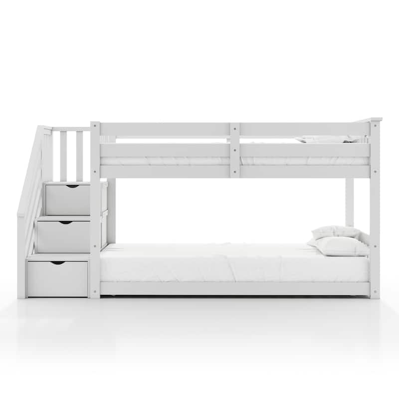 Furniture of America Chalina Modern Pinewood Twin over Twin Low Profile Bunk Bed with 3-Drawer Reversible Storage Staircase