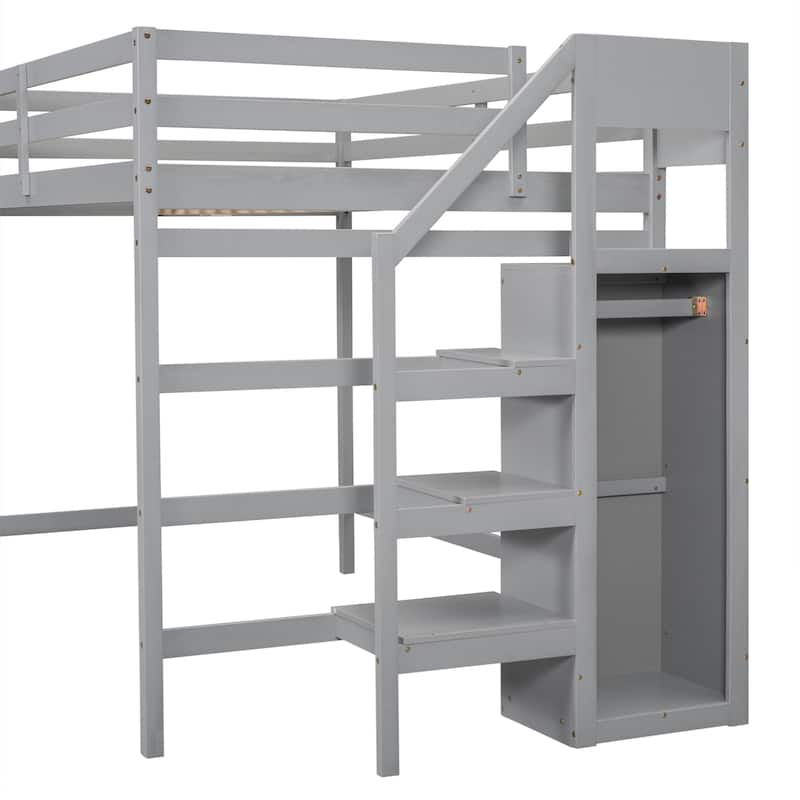 Full Size Loft Bed with Built-in Wardrobe Closet, Storage Staircase, Solid Pine Frame, Space-Saving Design