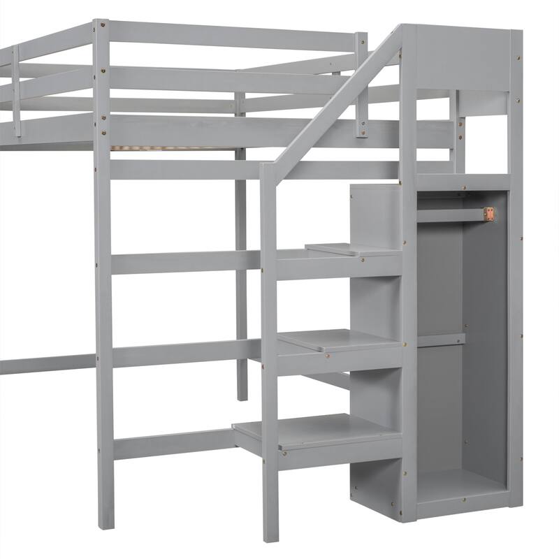 White Full Size Loft Bed with Built-in Wardrobe, Clothes Rack, and Storage Staircase